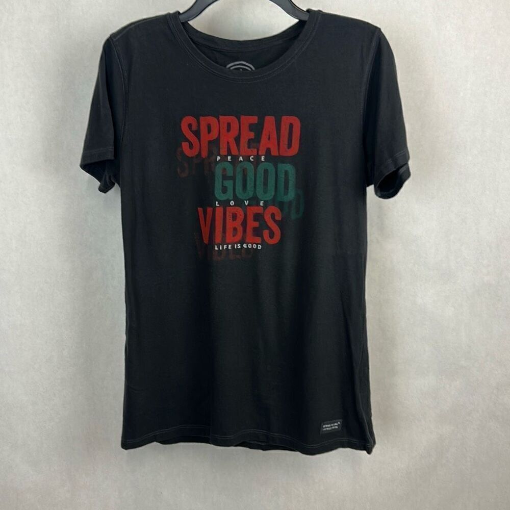 Life Is Good Womens Tshirt Sz Medium Gray Short Sleeve SPREAD GOOD VIBES PEACE L